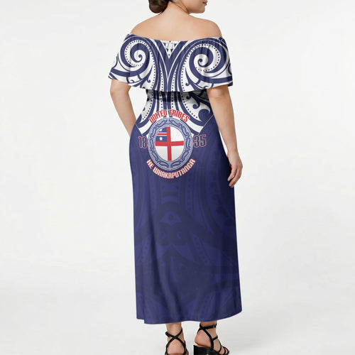 New Zealand United Tribes Te Kara Off Shoulder Maxi Dress He Whakaputanga Maori Pattern