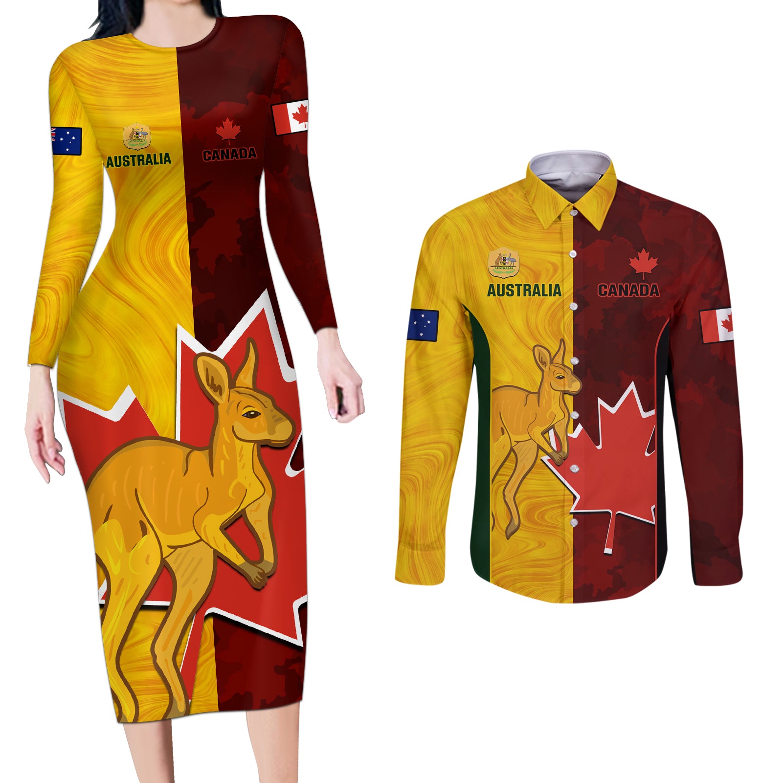australia-and-canada-soccer-couples-matching-long-sleeve-bodycon-dress-and-long-sleeve-button-shirt-matildas-combine-canucks-together