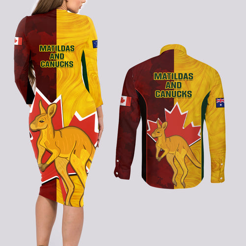 australia-and-canada-soccer-couples-matching-long-sleeve-bodycon-dress-and-long-sleeve-button-shirt-matildas-combine-canucks-together