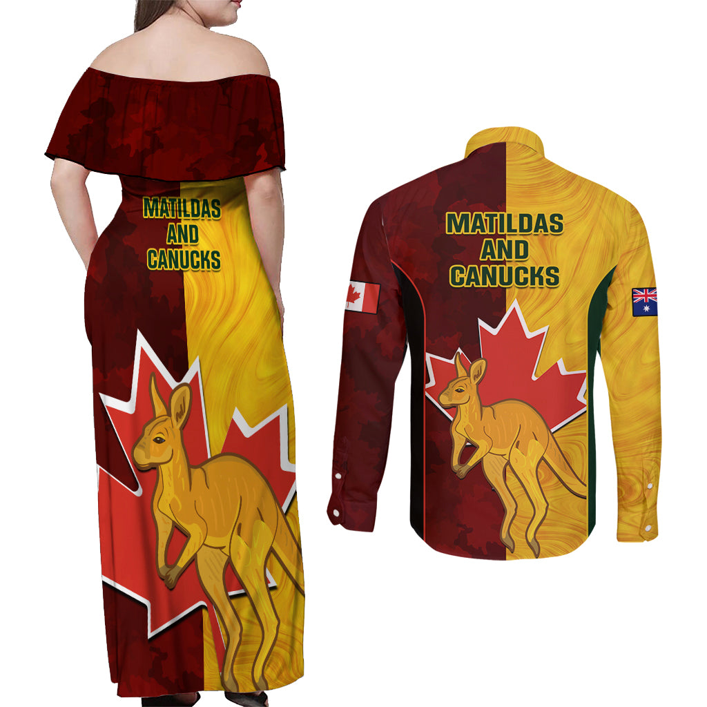 australia-and-canada-soccer-couples-matching-off-shoulder-maxi-dress-and-long-sleeve-button-shirt-matildas-combine-canucks-together