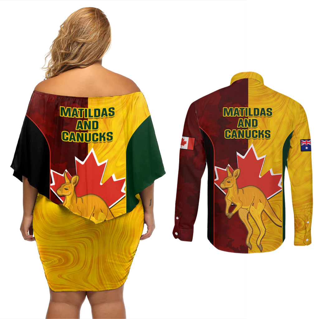 australia-and-canada-soccer-couples-matching-off-shoulder-short-dress-and-long-sleeve-button-shirt-matildas-combine-canucks-together
