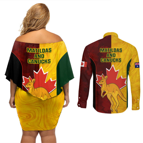 australia-and-canada-soccer-couples-matching-off-shoulder-short-dress-and-long-sleeve-button-shirt-matildas-combine-canucks-together