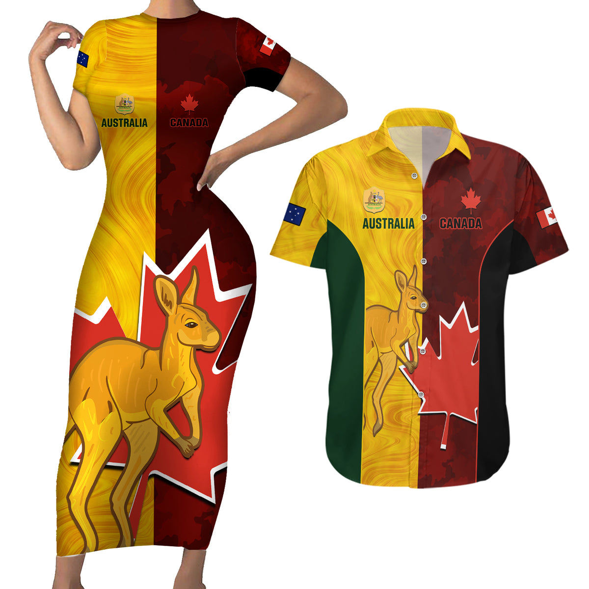 australia-and-canada-soccer-couples-matching-short-sleeve-bodycon-dress-and-hawaiian-shirt-matildas-combine-canucks-together