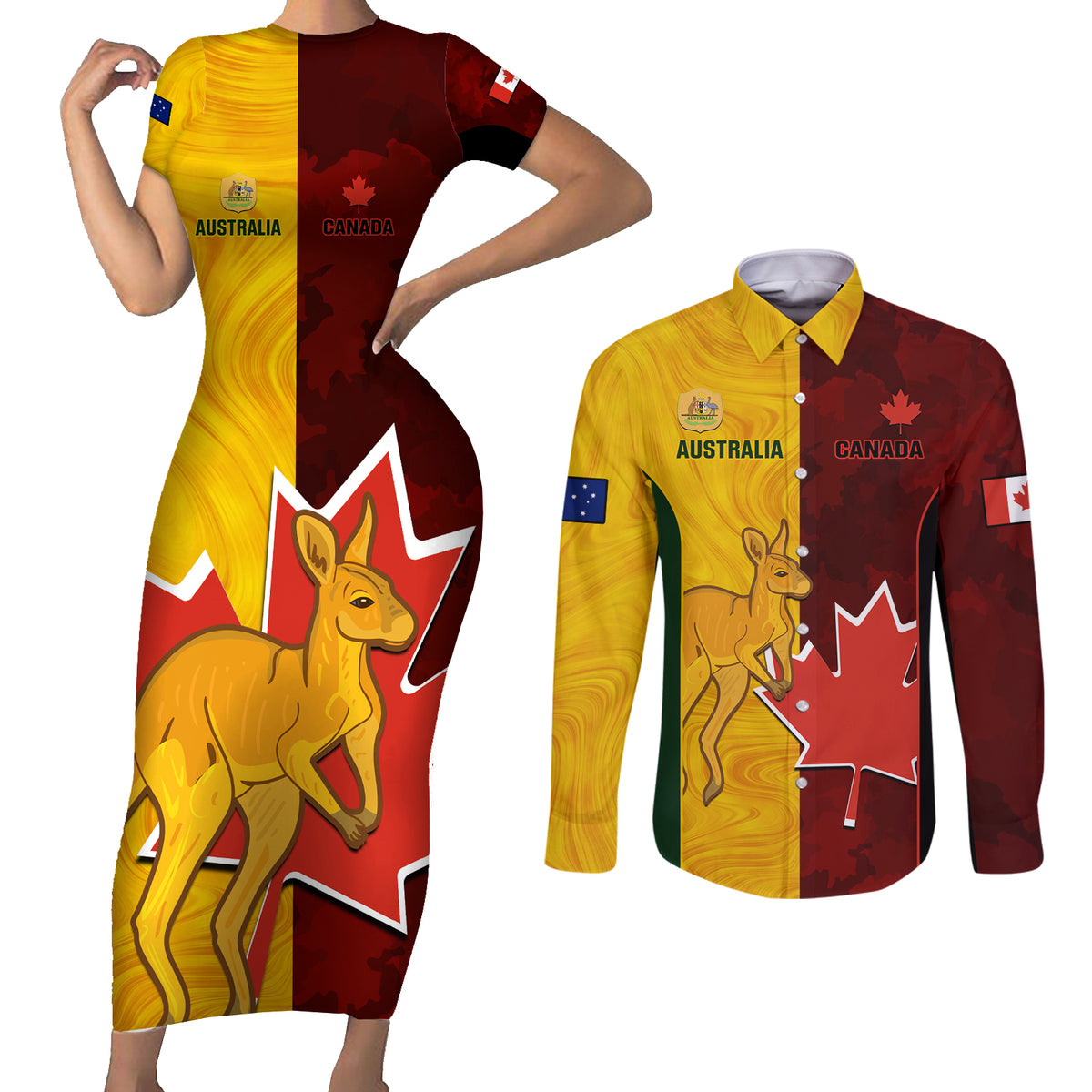 australia-and-canada-soccer-couples-matching-short-sleeve-bodycon-dress-and-long-sleeve-button-shirt-matildas-combine-canucks-together