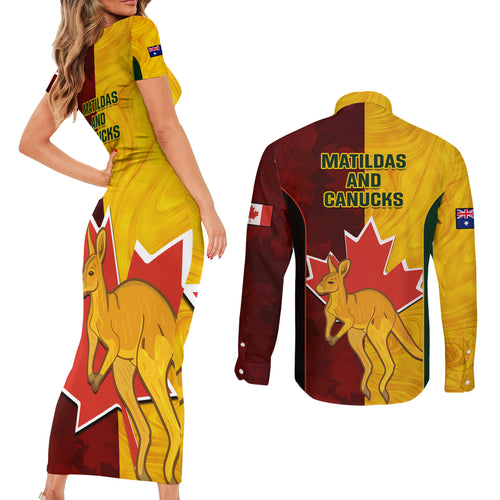 australia-and-canada-soccer-couples-matching-short-sleeve-bodycon-dress-and-long-sleeve-button-shirt-matildas-combine-canucks-together