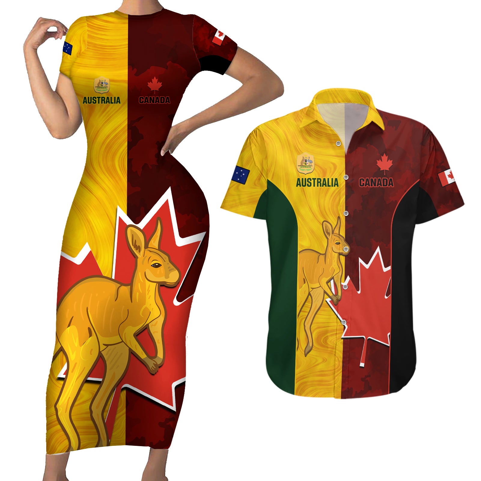 custom-australia-and-canada-soccer-couples-matching-short-sleeve-bodycon-dress-and-hawaiian-shirt-matildas-combine-canucks-together