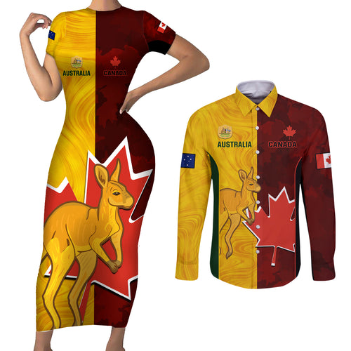 custom-australia-and-canada-soccer-couples-matching-short-sleeve-bodycon-dress-and-long-sleeve-button-shirt-matildas-combine-canucks-together