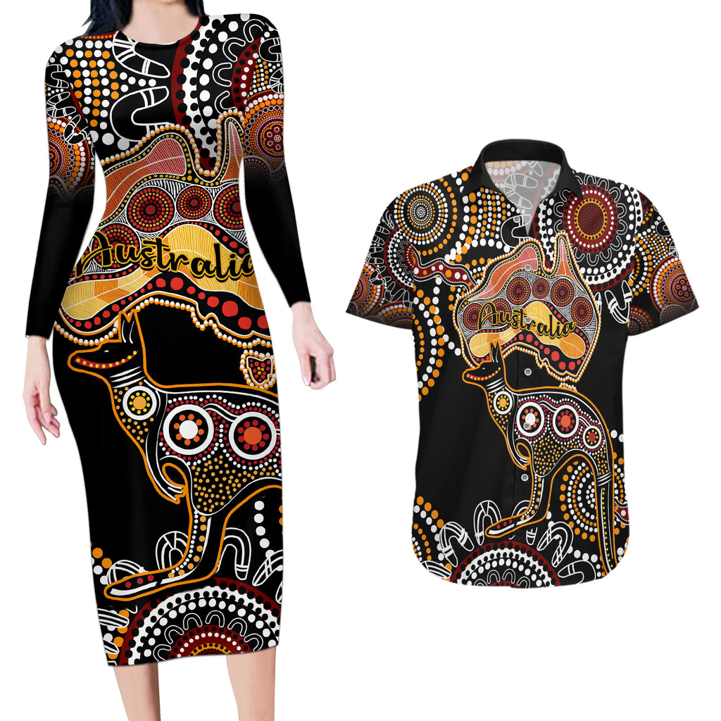 australia-aboriginal-couples-matching-long-sleeve-bodycon-dress-and-hawaiian-shirt-australian-map-with-kangaroo-indigenous-art
