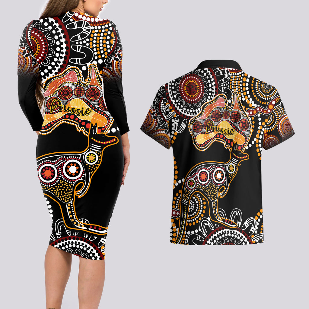 australia-aboriginal-couples-matching-long-sleeve-bodycon-dress-and-hawaiian-shirt-australian-map-with-kangaroo-indigenous-art