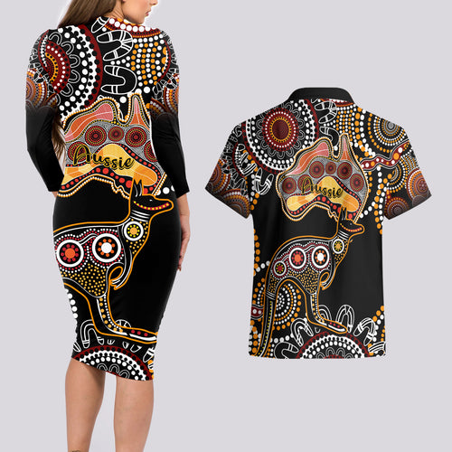 australia-aboriginal-couples-matching-long-sleeve-bodycon-dress-and-hawaiian-shirt-australian-map-with-kangaroo-indigenous-art