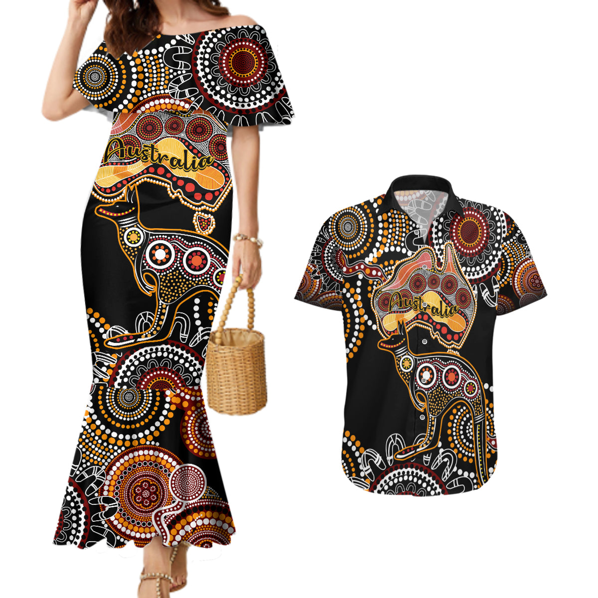australia-aboriginal-couples-matching-mermaid-dress-and-hawaiian-shirt-australian-map-with-kangaroo-indigenous-art