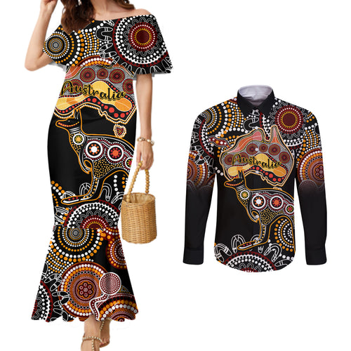 australia-aboriginal-couples-matching-mermaid-dress-and-long-sleeve-button-shirt-australian-map-with-kangaroo-indigenous-art