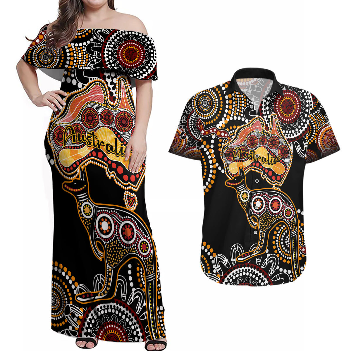 australia-aboriginal-couples-matching-off-shoulder-maxi-dress-and-hawaiian-shirt-australian-map-with-kangaroo-indigenous-art