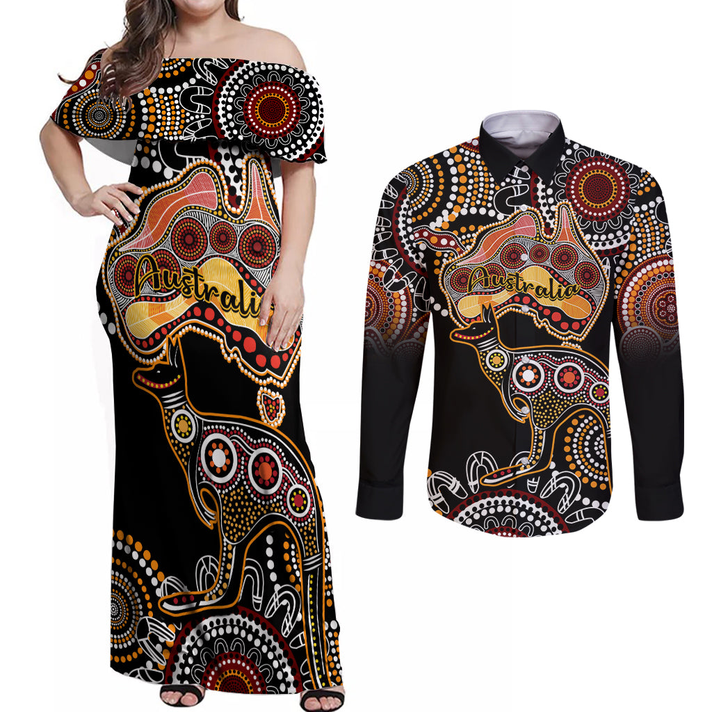 australia-aboriginal-couples-matching-off-shoulder-maxi-dress-and-long-sleeve-button-shirt-australian-map-with-kangaroo-indigenous-art