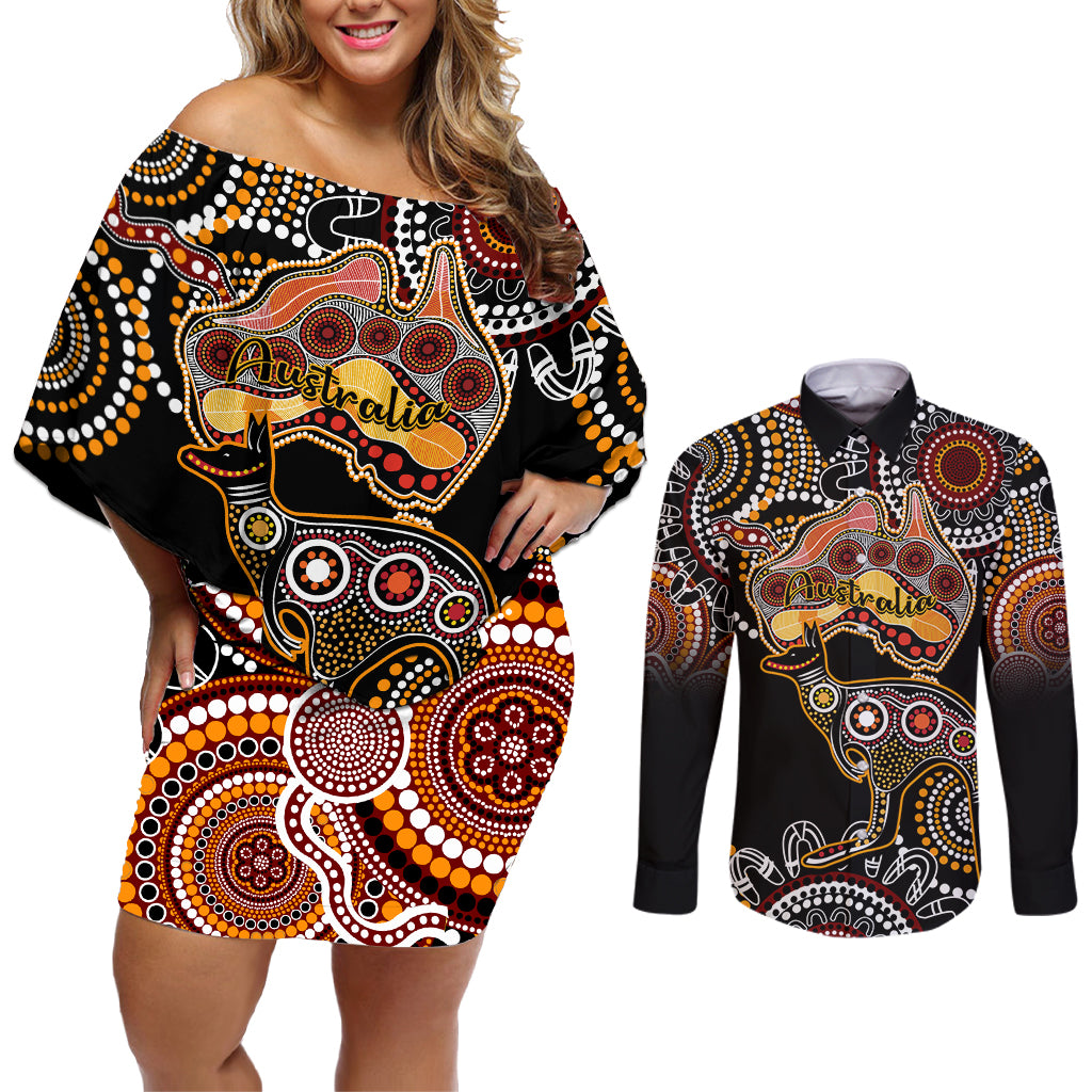 australia-aboriginal-couples-matching-off-shoulder-short-dress-and-long-sleeve-button-shirt-australian-map-with-kangaroo-indigenous-art