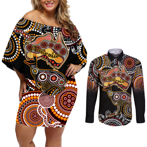 australia-aboriginal-couples-matching-off-shoulder-short-dress-and-long-sleeve-button-shirt-australian-map-with-kangaroo-indigenous-art