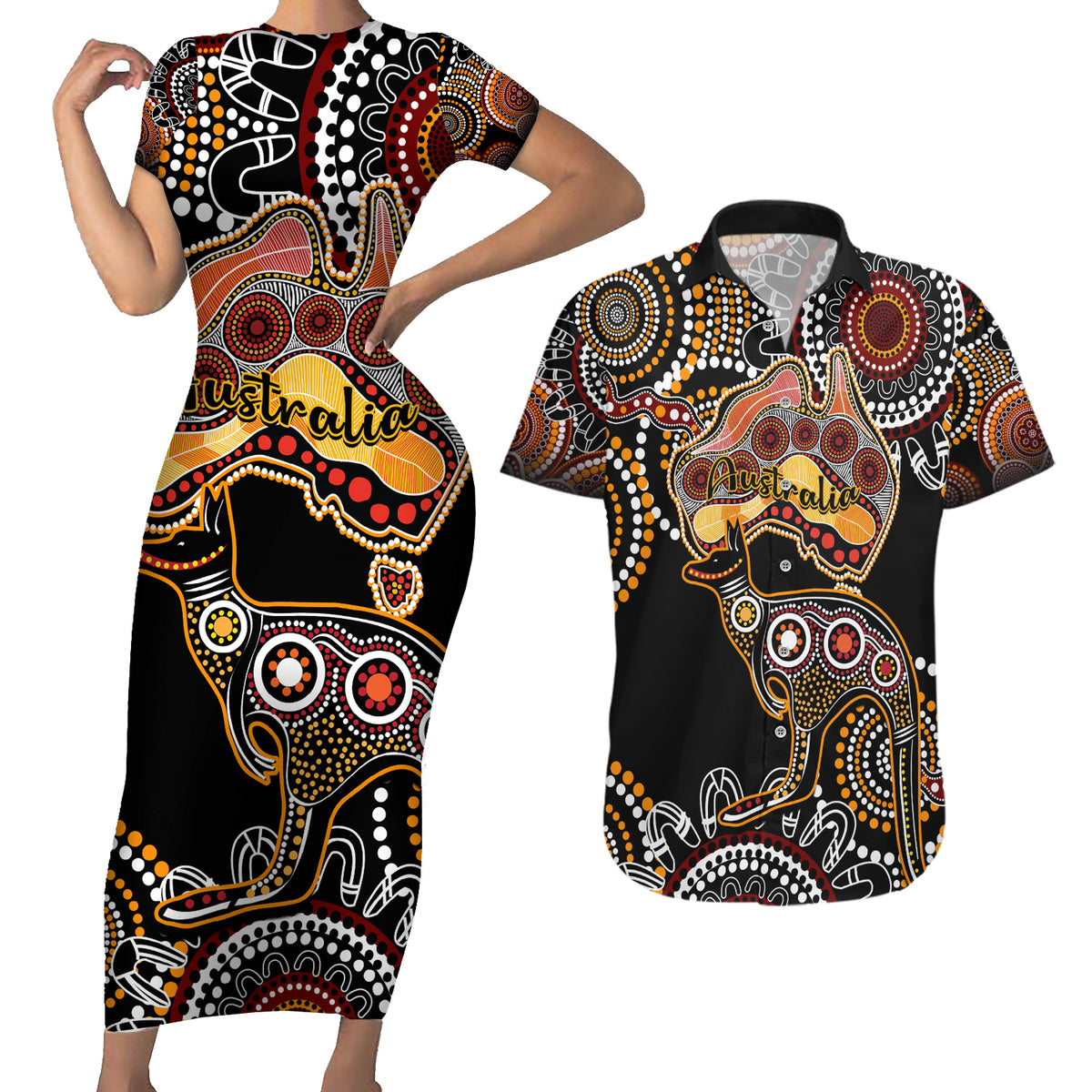 australia-aboriginal-couples-matching-short-sleeve-bodycon-dress-and-hawaiian-shirt-australian-map-with-kangaroo-indigenous-art
