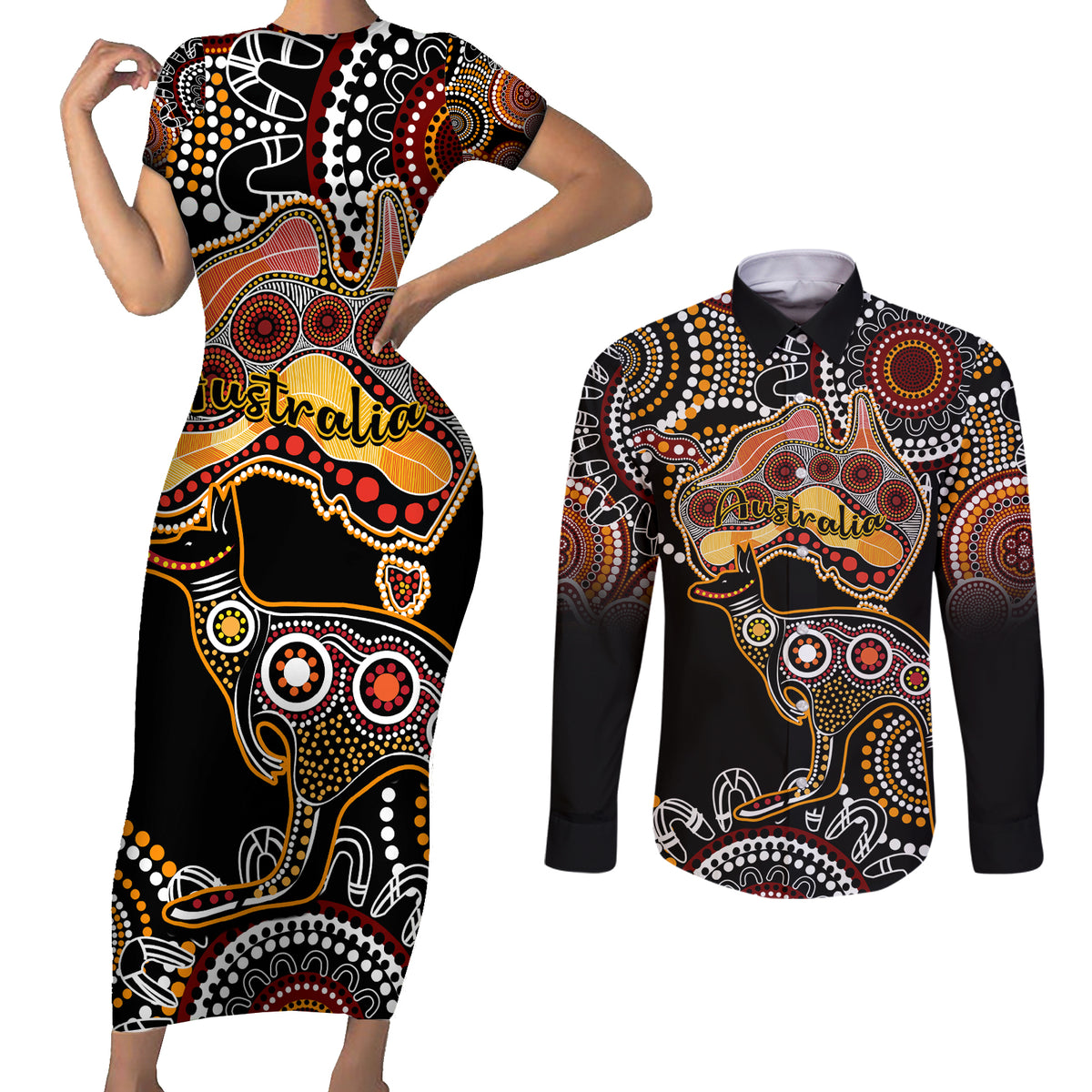 australia-aboriginal-couples-matching-short-sleeve-bodycon-dress-and-long-sleeve-button-shirt-australian-map-with-kangaroo-indigenous-art