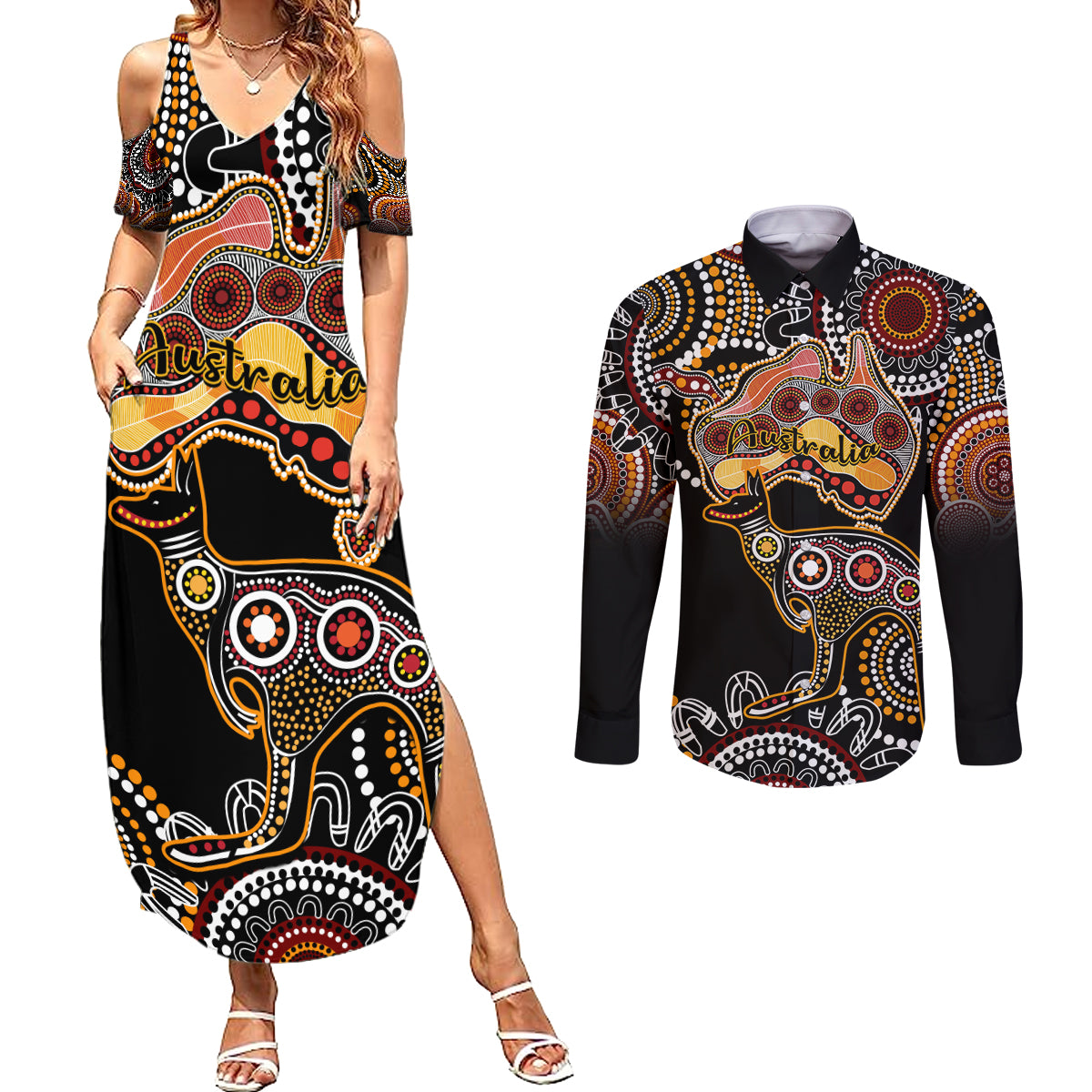 australia-aboriginal-couples-matching-summer-maxi-dress-and-long-sleeve-button-shirt-australian-map-with-kangaroo-indigenous-art