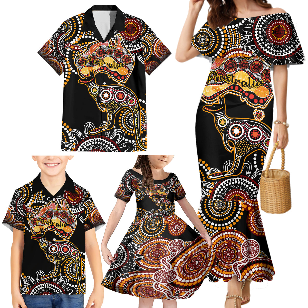 australia-aboriginal-family-matching-mermaid-dress-and-hawaiian-shirt-australian-map-with-kangaroo-indigenous-art