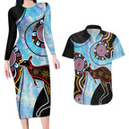 Australia Opal Couples Matching Long Sleeve Bodycon Dress and Hawaiian Shirt Aussie Kangaroo Aboriginal Art