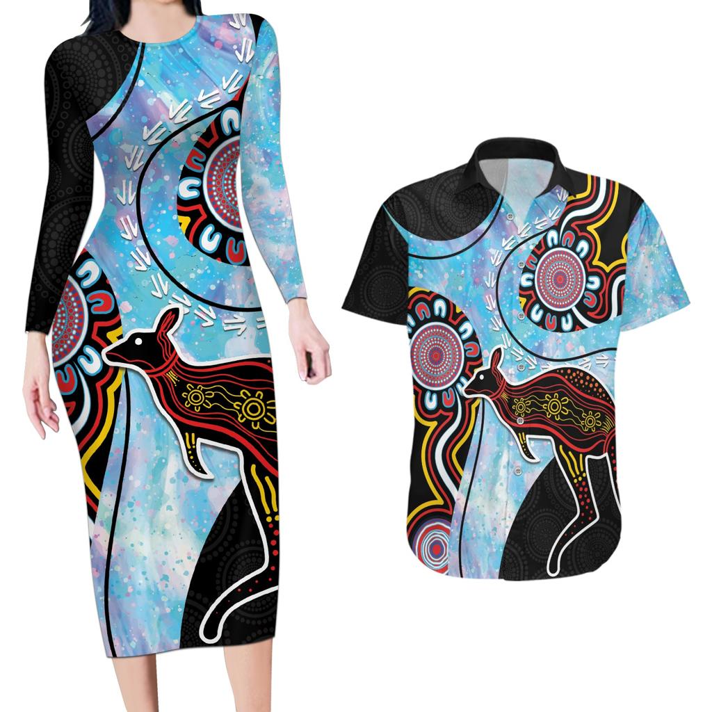 Australia Opal Couples Matching Long Sleeve Bodycon Dress and Hawaiian Shirt Aussie Kangaroo Aboriginal Art