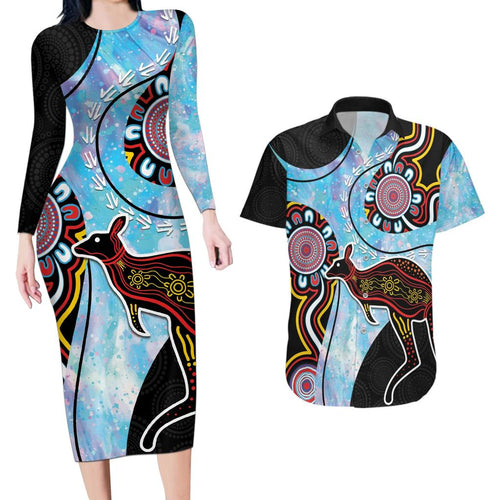 Australia Opal Couples Matching Long Sleeve Bodycon Dress and Hawaiian Shirt Aussie Kangaroo Aboriginal Art