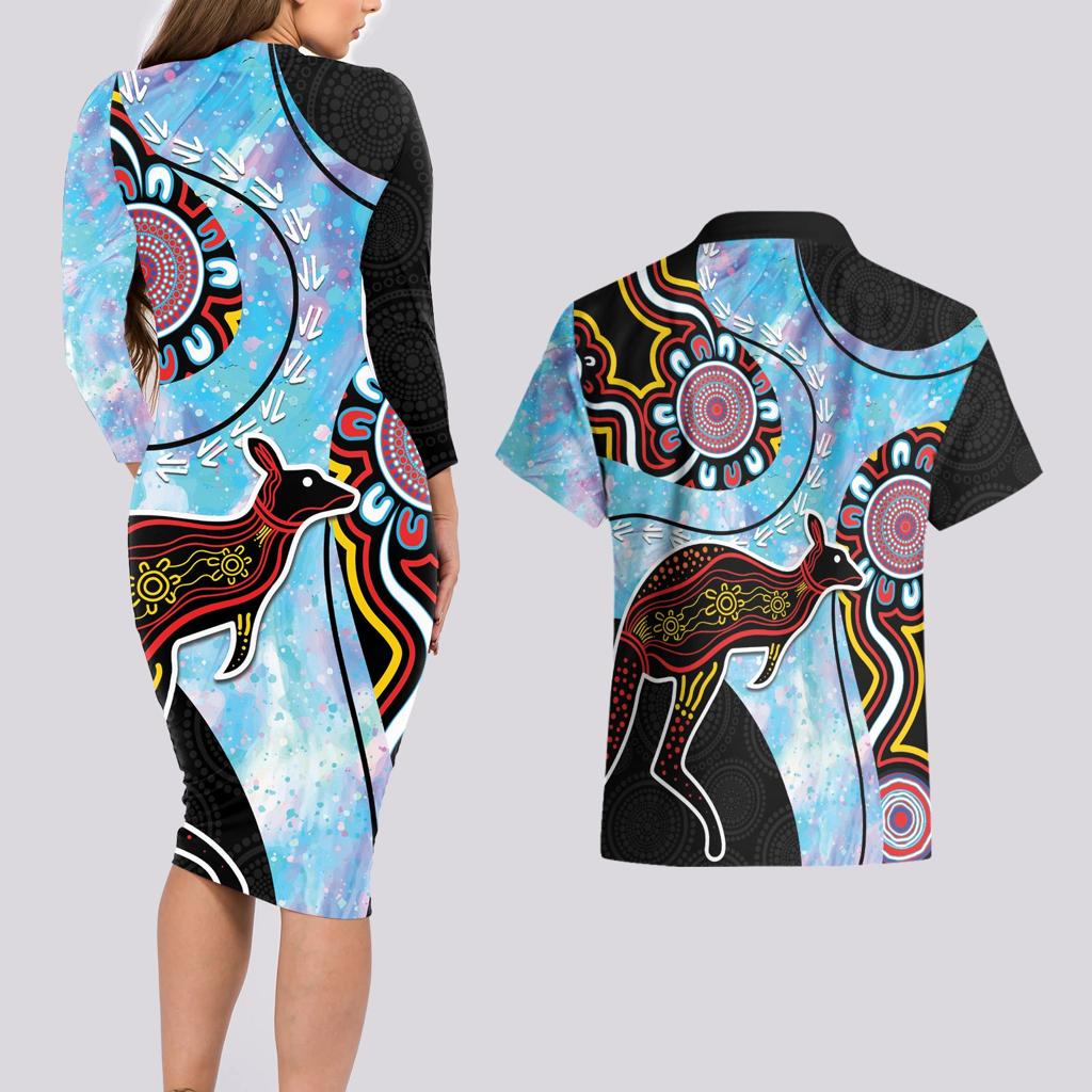 Australia Opal Couples Matching Long Sleeve Bodycon Dress and Hawaiian Shirt Aussie Kangaroo Aboriginal Art
