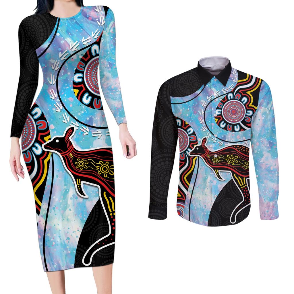 Australia Opal Couples Matching Long Sleeve Bodycon Dress and Long Sleeve Button Shirt Aussie Kangaroo Aboriginal Art