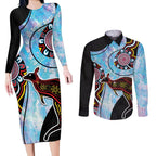 Australia Opal Couples Matching Long Sleeve Bodycon Dress and Long Sleeve Button Shirt Aussie Kangaroo Aboriginal Art