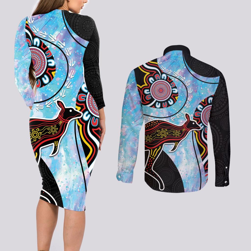 Australia Opal Couples Matching Long Sleeve Bodycon Dress and Long Sleeve Button Shirt Aussie Kangaroo Aboriginal Art