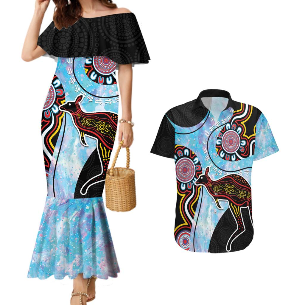 Australia Opal Couples Matching Mermaid Dress and Hawaiian Shirt Aussie Kangaroo Aboriginal Art