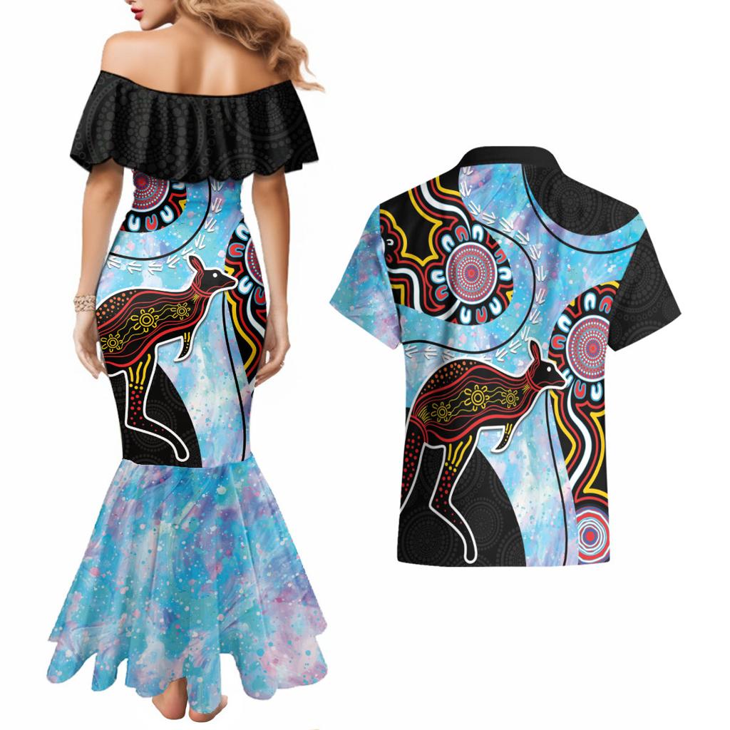 Australia Opal Couples Matching Mermaid Dress and Hawaiian Shirt Aussie Kangaroo Aboriginal Art