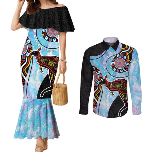 Australia Opal Couples Matching Mermaid Dress and Long Sleeve Button Shirt Aussie Kangaroo Aboriginal Art