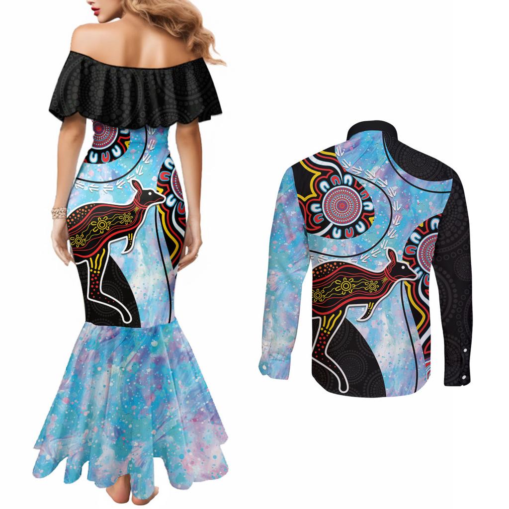 Australia Opal Couples Matching Mermaid Dress and Long Sleeve Button Shirt Aussie Kangaroo Aboriginal Art