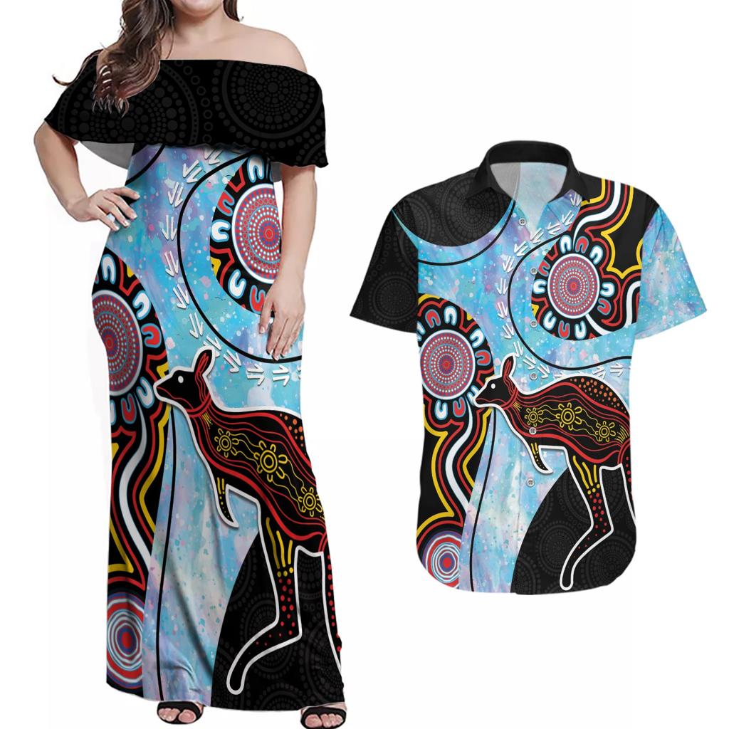 Australia Opal Couples Matching Off Shoulder Maxi Dress and Hawaiian Shirt Aussie Kangaroo Aboriginal Art