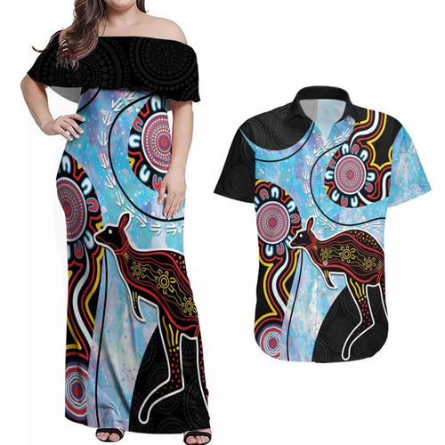 Australia Opal Couples Matching Off Shoulder Maxi Dress and Hawaiian Shirt Aussie Kangaroo Aboriginal Art
