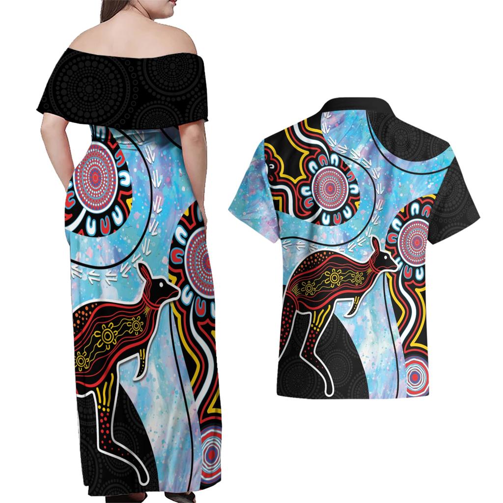 Australia Opal Couples Matching Off Shoulder Maxi Dress and Hawaiian Shirt Aussie Kangaroo Aboriginal Art