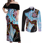 Australia Opal Couples Matching Off Shoulder Maxi Dress and Long Sleeve Button Shirt Aussie Kangaroo Aboriginal Art