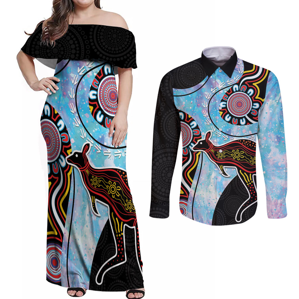 Australia Opal Couples Matching Off Shoulder Maxi Dress and Long Sleeve Button Shirt Aussie Kangaroo Aboriginal Art