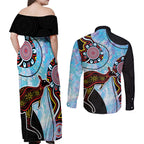 Australia Opal Couples Matching Off Shoulder Maxi Dress and Long Sleeve Button Shirt Aussie Kangaroo Aboriginal Art