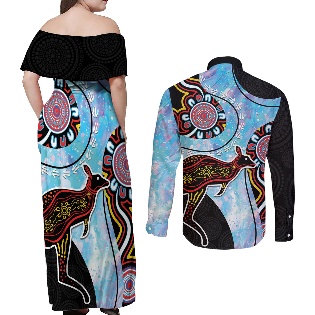 Australia Opal Couples Matching Off Shoulder Maxi Dress and Long Sleeve Button Shirt Aussie Kangaroo Aboriginal Art