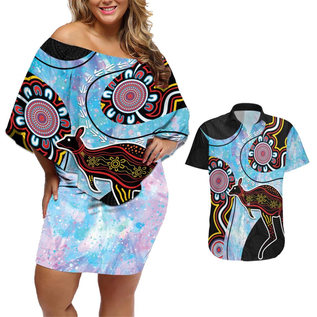 Australia Opal Couples Matching Off Shoulder Short Dress and Hawaiian Shirt Aussie Kangaroo Aboriginal Art