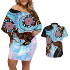 Australia Opal Couples Matching Off Shoulder Short Dress and Hawaiian Shirt Aussie Kangaroo Aboriginal Art