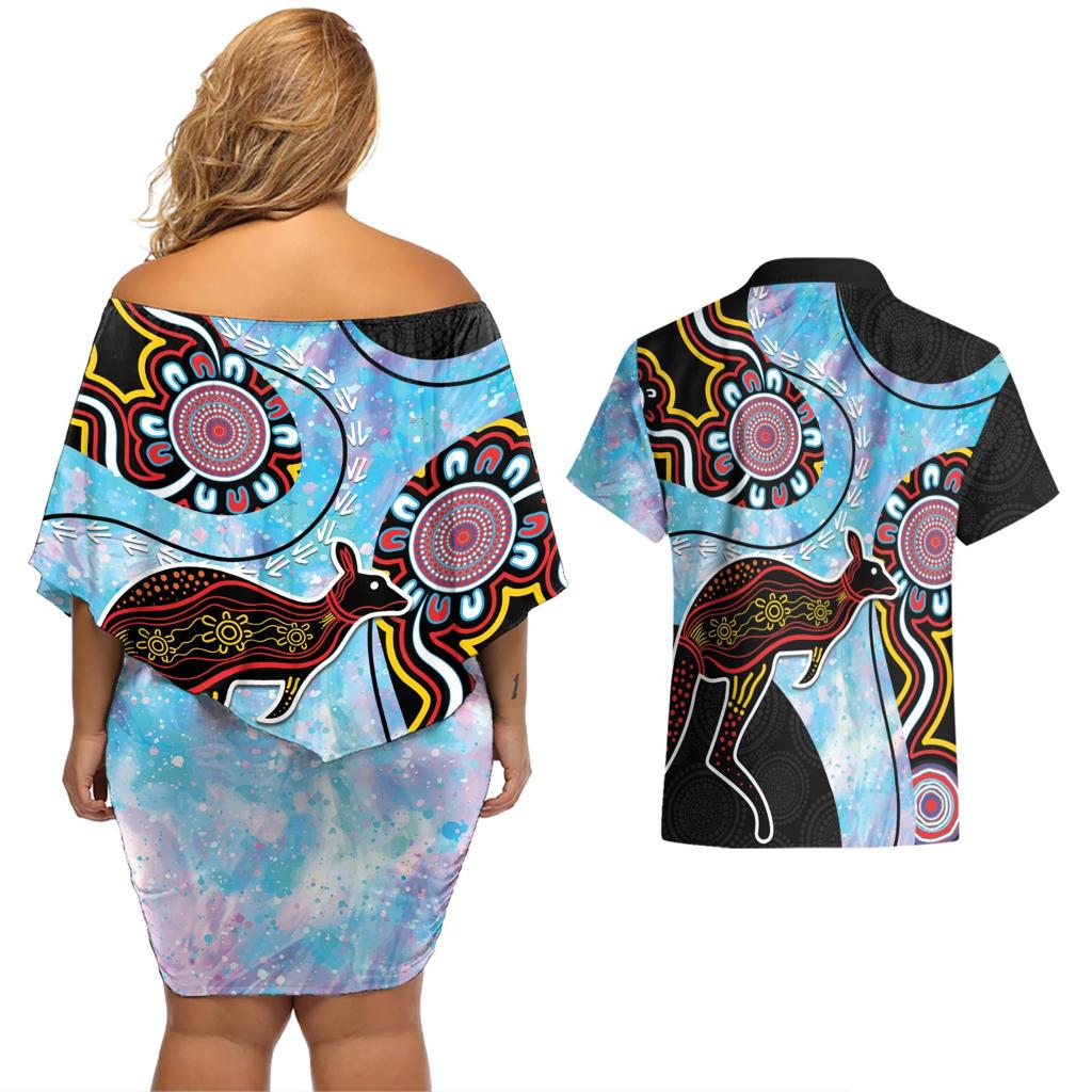 Australia Opal Couples Matching Off Shoulder Short Dress and Hawaiian Shirt Aussie Kangaroo Aboriginal Art
