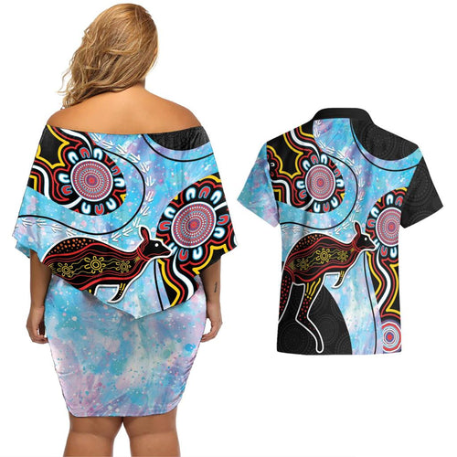 Australia Opal Couples Matching Off Shoulder Short Dress and Hawaiian Shirt Aussie Kangaroo Aboriginal Art