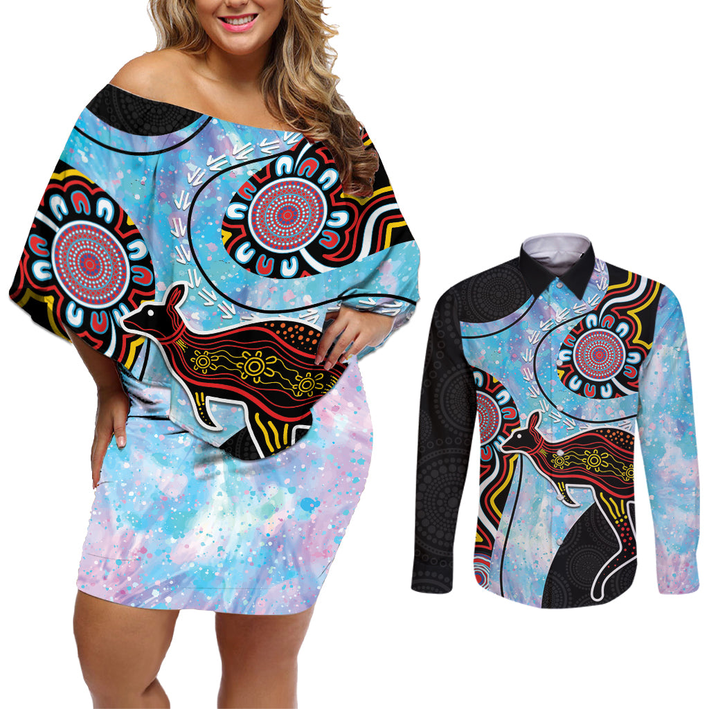 Australia Opal Couples Matching Off Shoulder Short Dress and Long Sleeve Button Shirt Aussie Kangaroo Aboriginal Art