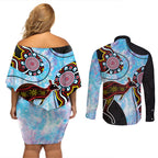 Australia Opal Couples Matching Off Shoulder Short Dress and Long Sleeve Button Shirt Aussie Kangaroo Aboriginal Art