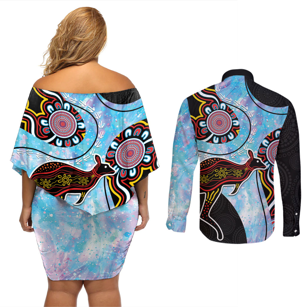 Australia Opal Couples Matching Off Shoulder Short Dress and Long Sleeve Button Shirt Aussie Kangaroo Aboriginal Art