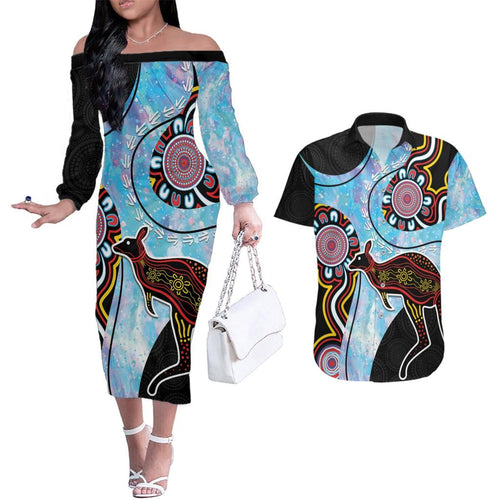 Australia Opal Couples Matching Off The Shoulder Long Sleeve Dress and Hawaiian Shirt Aussie Kangaroo Aboriginal Art